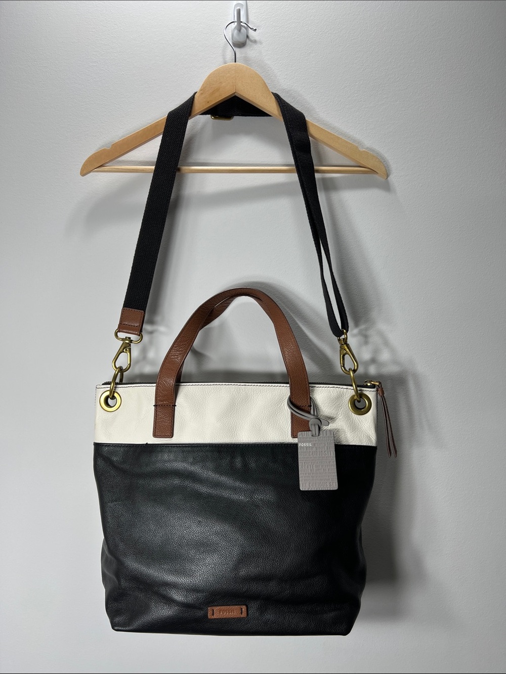 Fossil Leather Tote/Crossbody Bag with Detachable Strap - Black, White & Brown